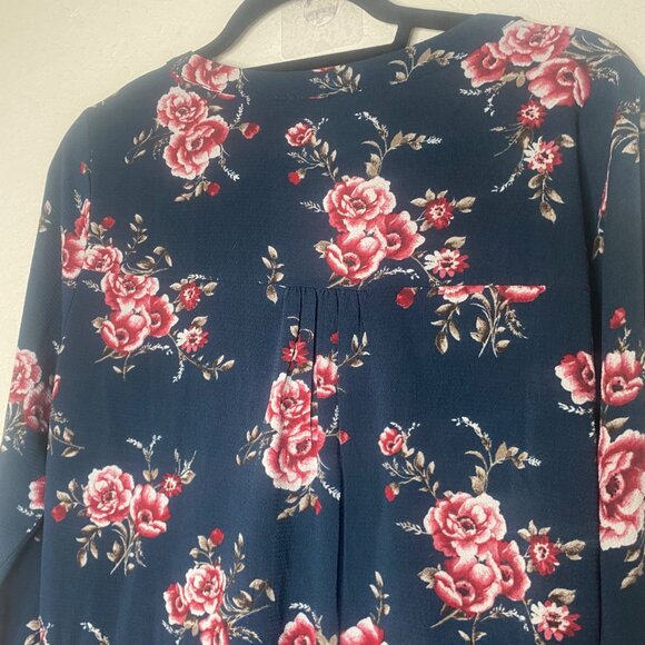 Andree By Unit Floral Navy Dress Womens L Button-Front Roll Tab Sleeves Casual - Picture 7 of 14